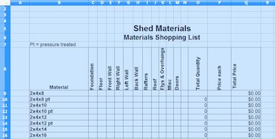 Shed Materials List Spreadsheet